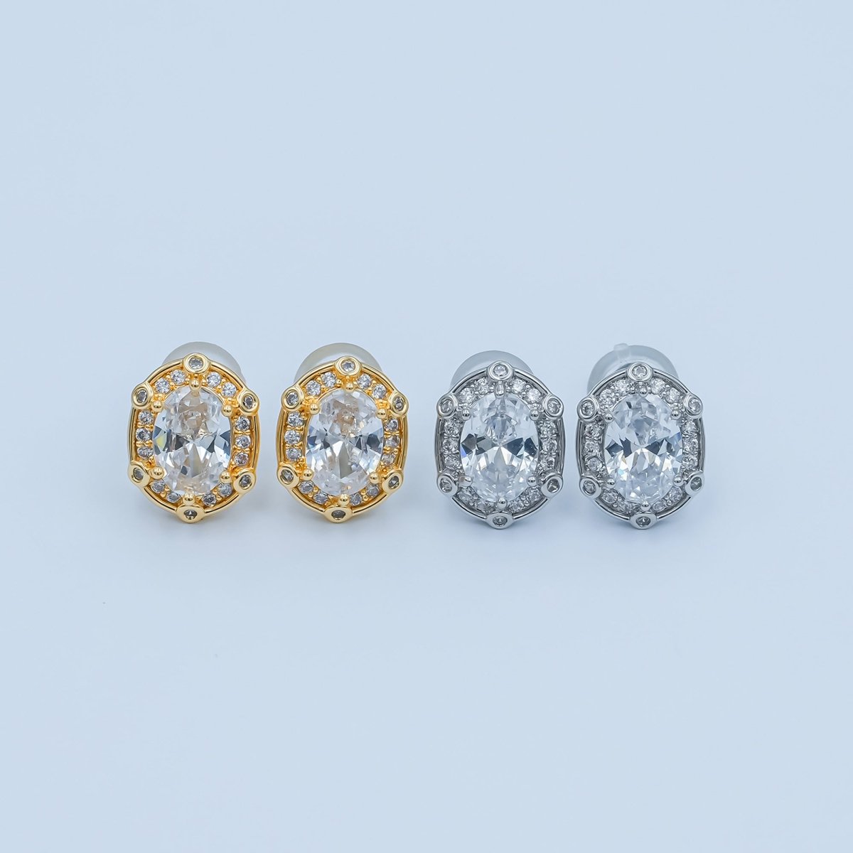 Clear CZ Dotted Encircle Oval Stud Earrings in Gold & Silver | AB1500 AB1551 - DLUXCA