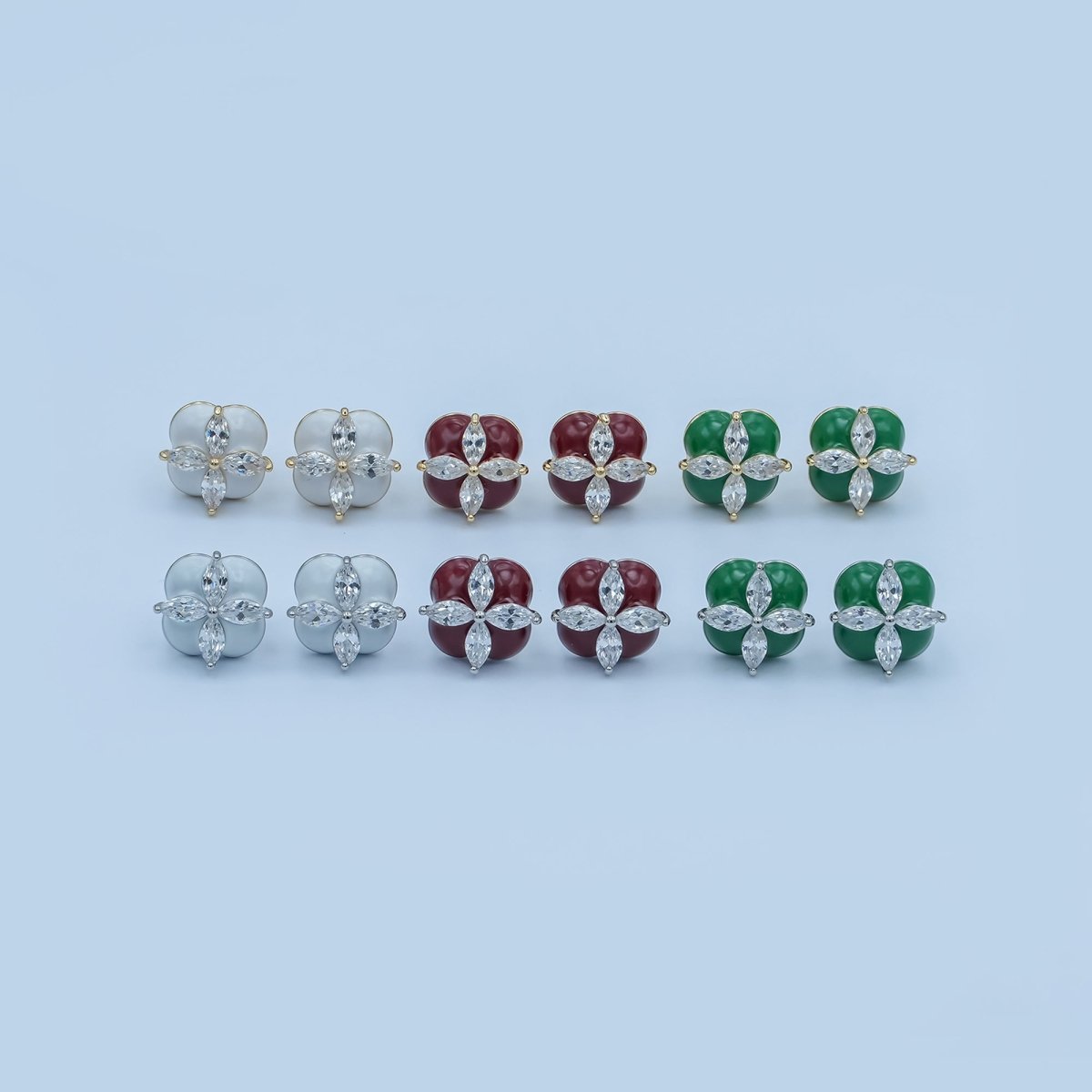 Clear CZ Marquise Red, Green, White Enamel Flower Stud Earrings | AE274 - AE417 - DLUXCA