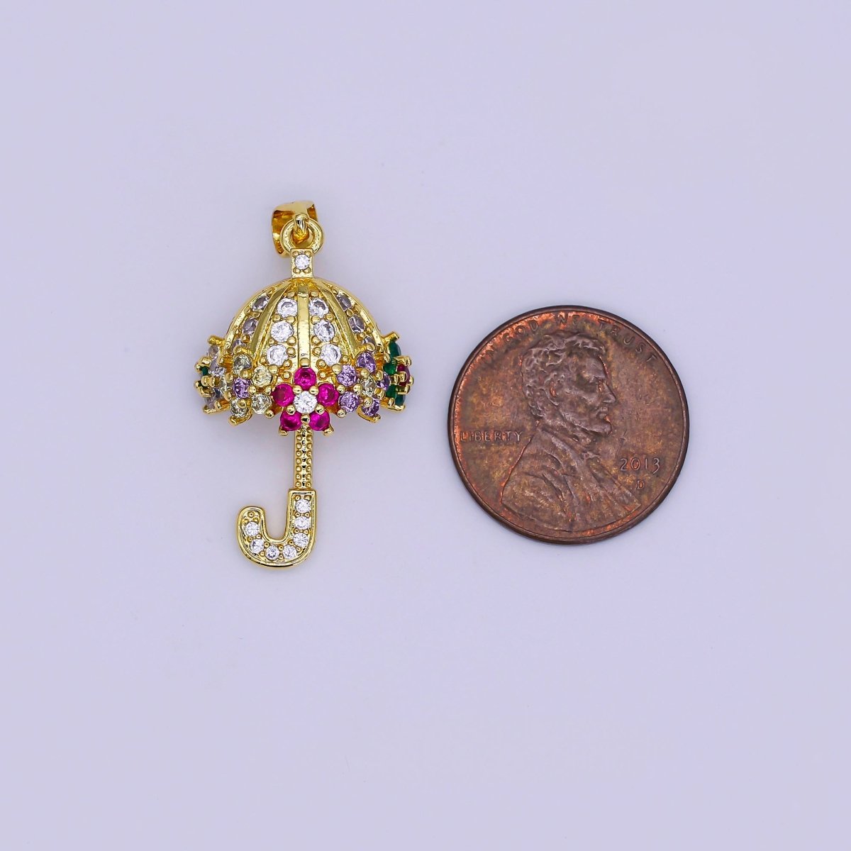 Clear Micro Paved Umbrella Multicolor CZ Flower Gold Pendant | AA019 - DLUXCA