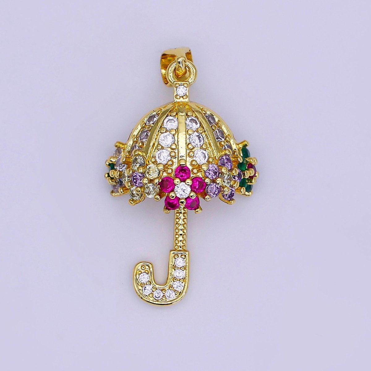 Clear Micro Paved Umbrella Multicolor CZ Flower Gold Pendant | AA019 - DLUXCA