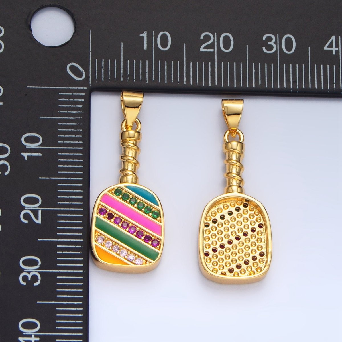 Colorful Pickle Ball Charm in 24K Gold Filled Pendant Sports Paddle with CZ | I769 - DLUXCA