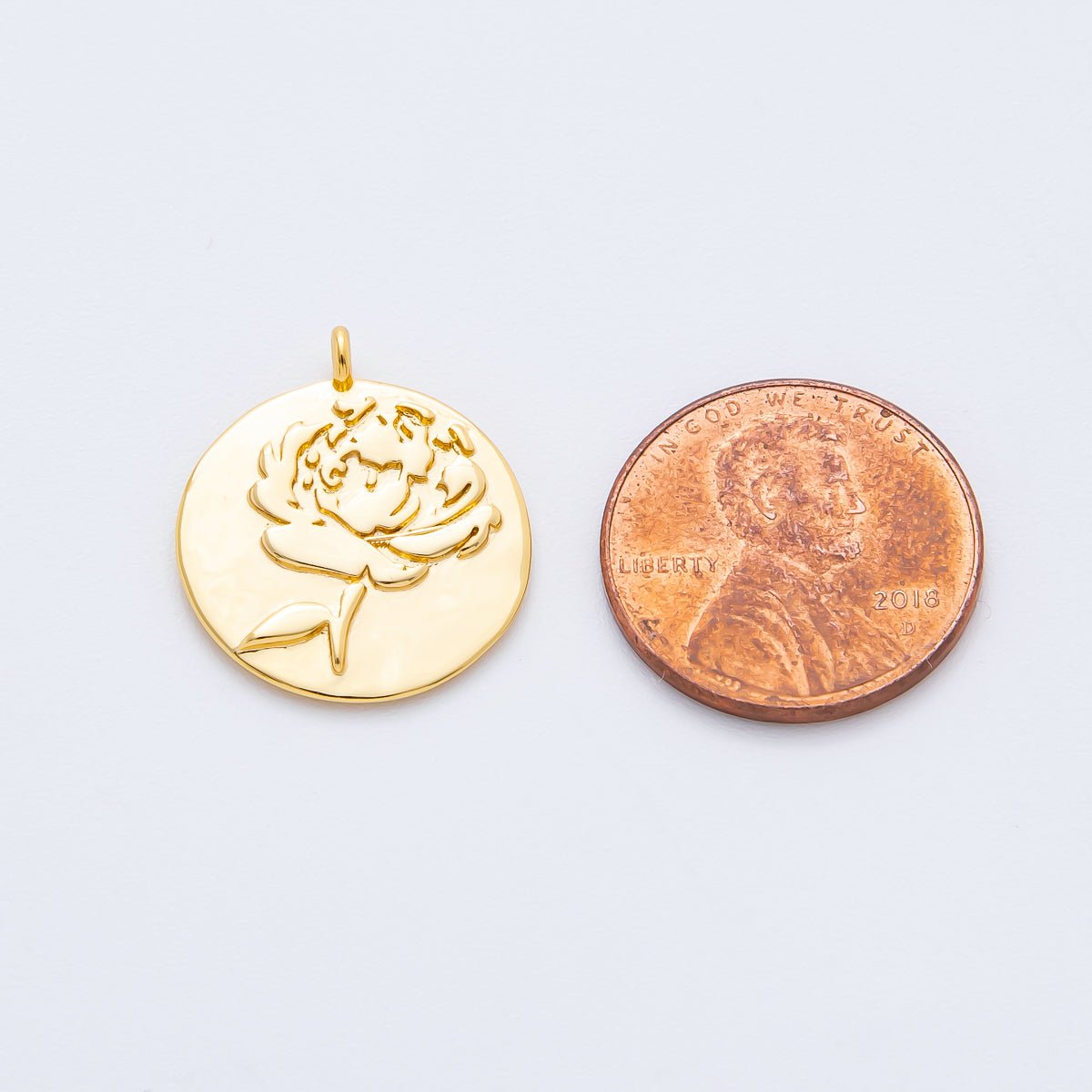 CUSTOM - 18K Gold Filled 20mm Engraved Rose Flower Coin Charm | N461 [prices & stock] - DLUXCA