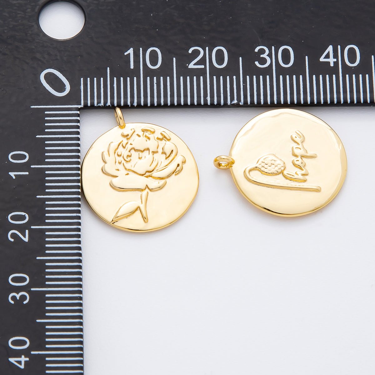 CUSTOM - 18K Gold Filled 20mm Engraved Rose Flower Coin Charm | N461 [prices & stock] - DLUXCA