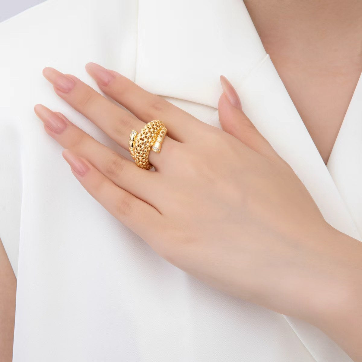 18K Gold Filled Micro Paved CZ Beaded Ribbed Triple Band Dome Ring | O450