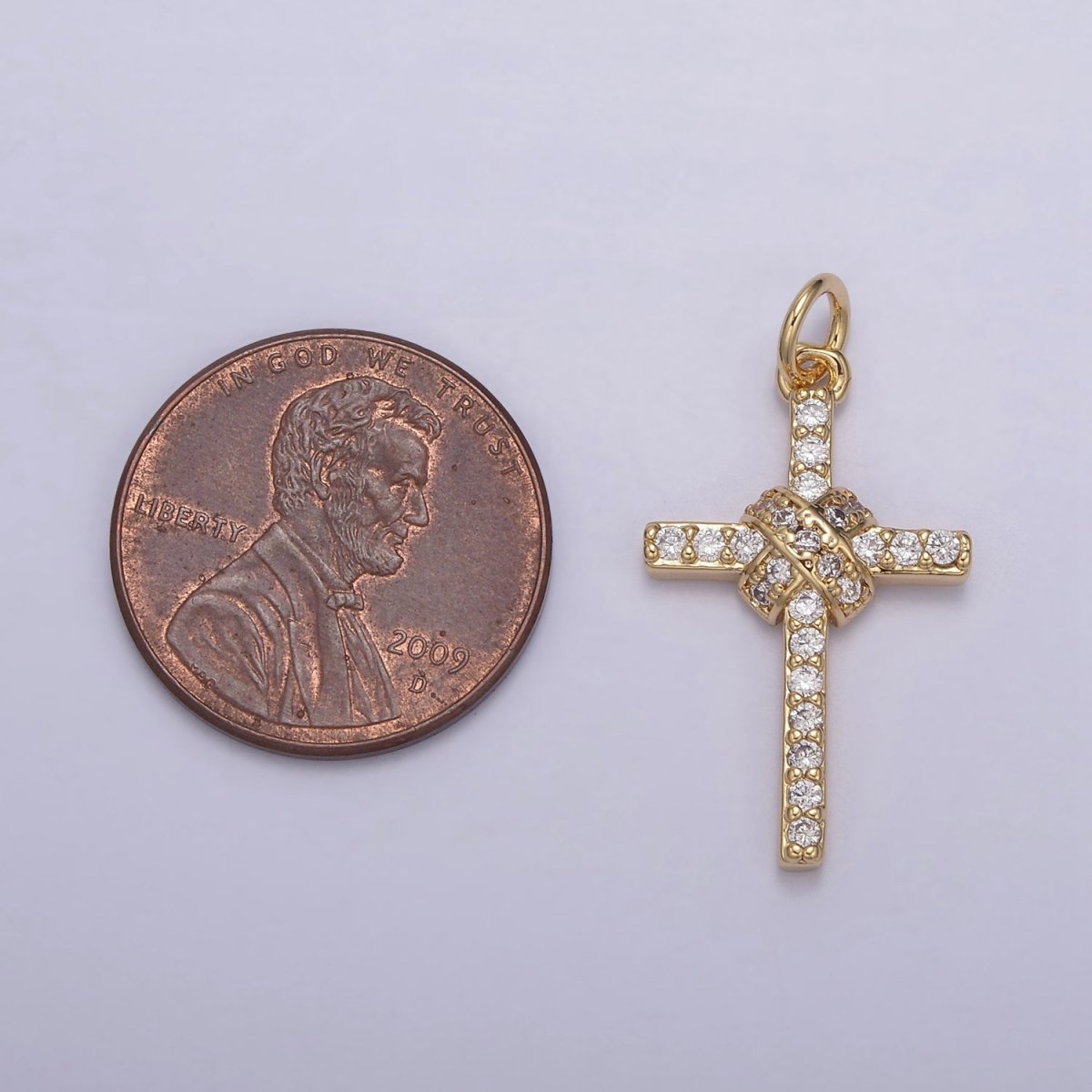 Dainty Bound Cross Charm 16K Gold Filled Cross Pendant with Clear Cubic Zirconia Micro Pave Religious Jewelry Making N-856 - DLUXCA