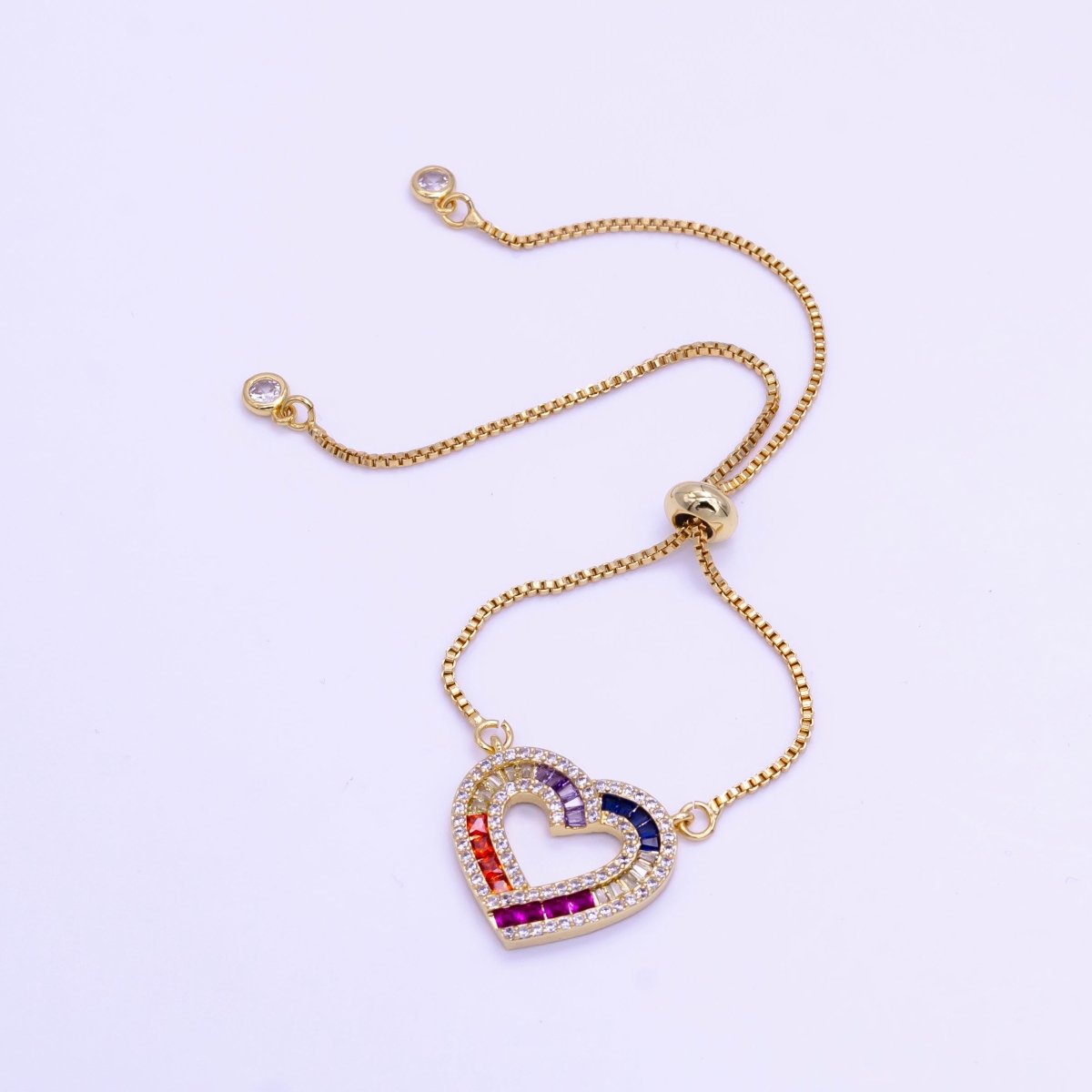 Dainty Colorful Rainbow Baguette Heart Charm Bracelet, Adjustable Bracelet for Gift WA2507 - DLUXCA