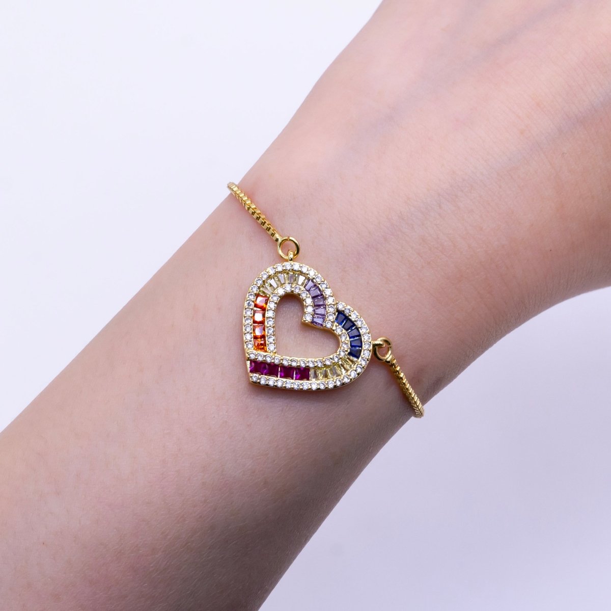 Dainty Colorful Rainbow Baguette Heart Charm Bracelet, Adjustable Bracelet for Gift WA2507 - DLUXCA