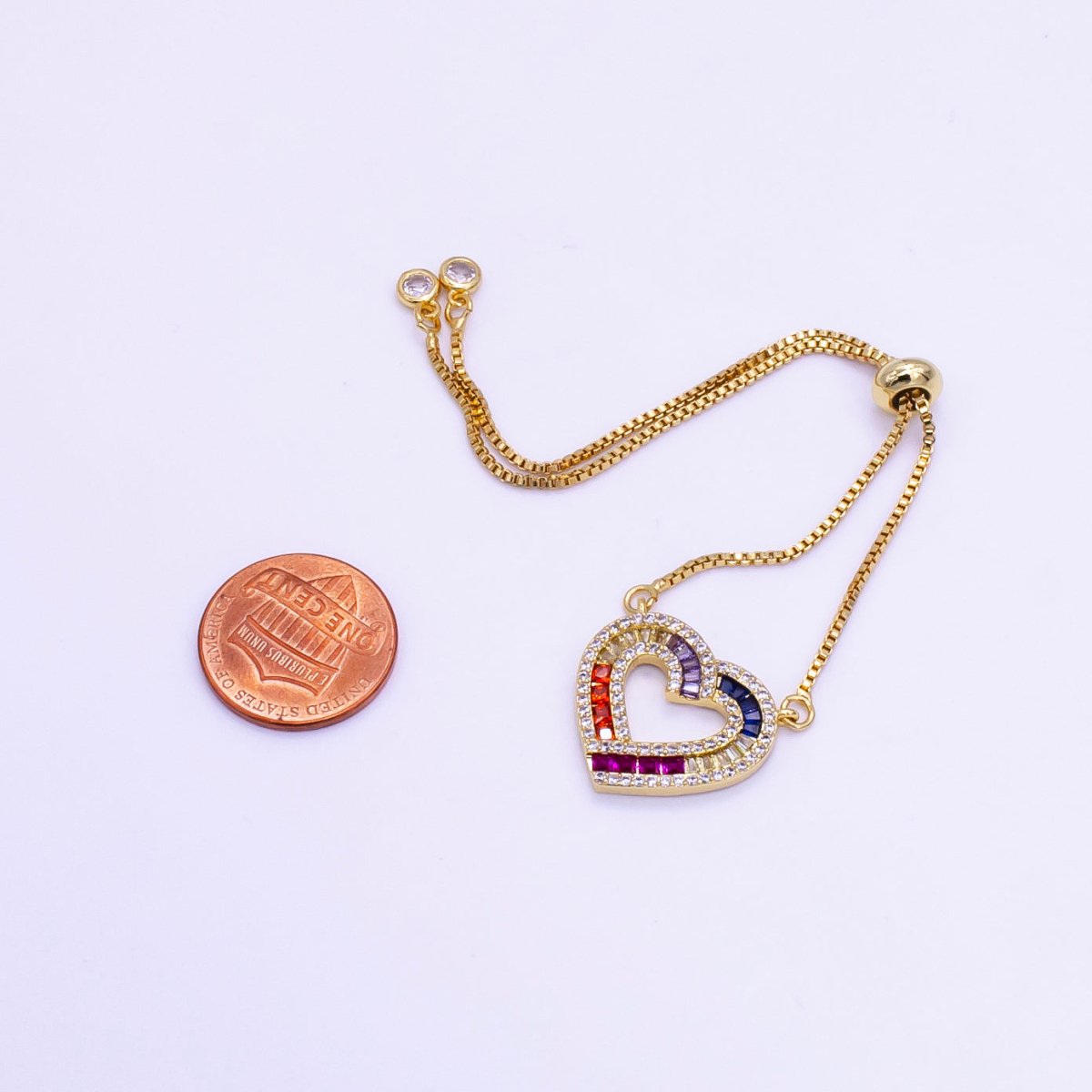 Dainty Colorful Rainbow Baguette Heart Charm Bracelet, Adjustable Bracelet for Gift WA2507 - DLUXCA