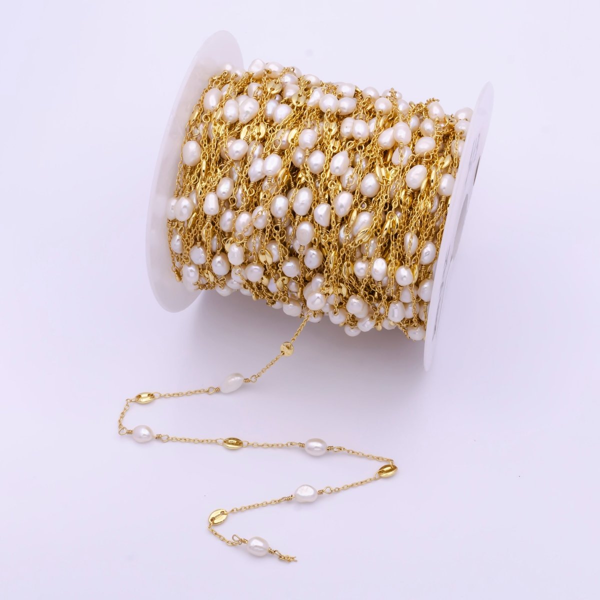 Dainty Pearl 24K Gold Filled Charm Chain by Yard, Fresh Water Pearl Cable Chain by Yard Roll-817 - DLUXCA