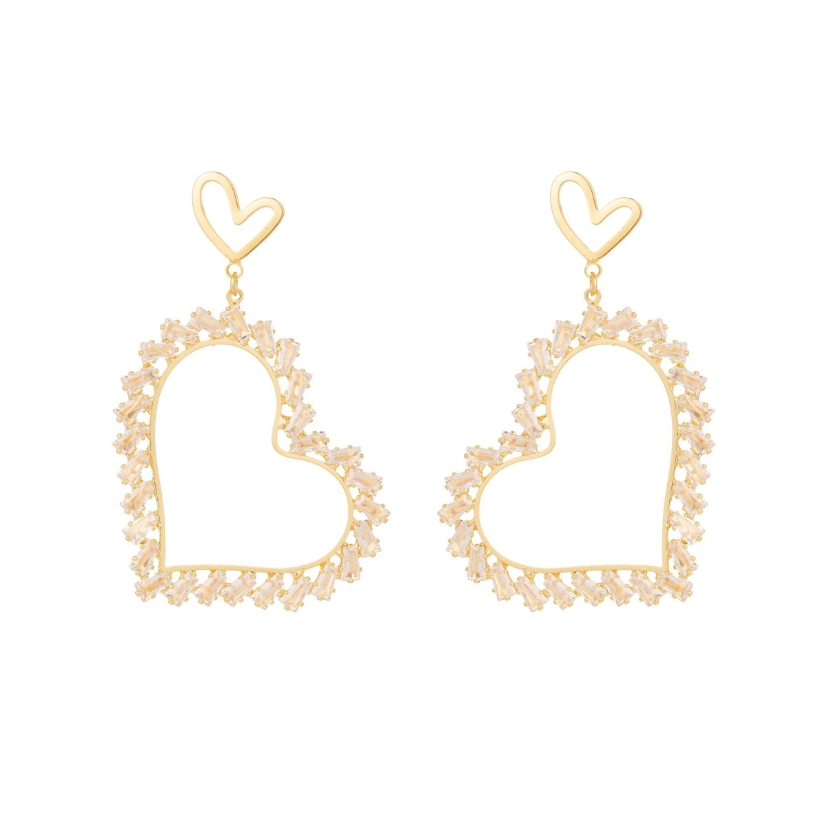 Double Heart CZ Bauguette Heart Drop Earrings | Earrings - 611 - DLUXCA