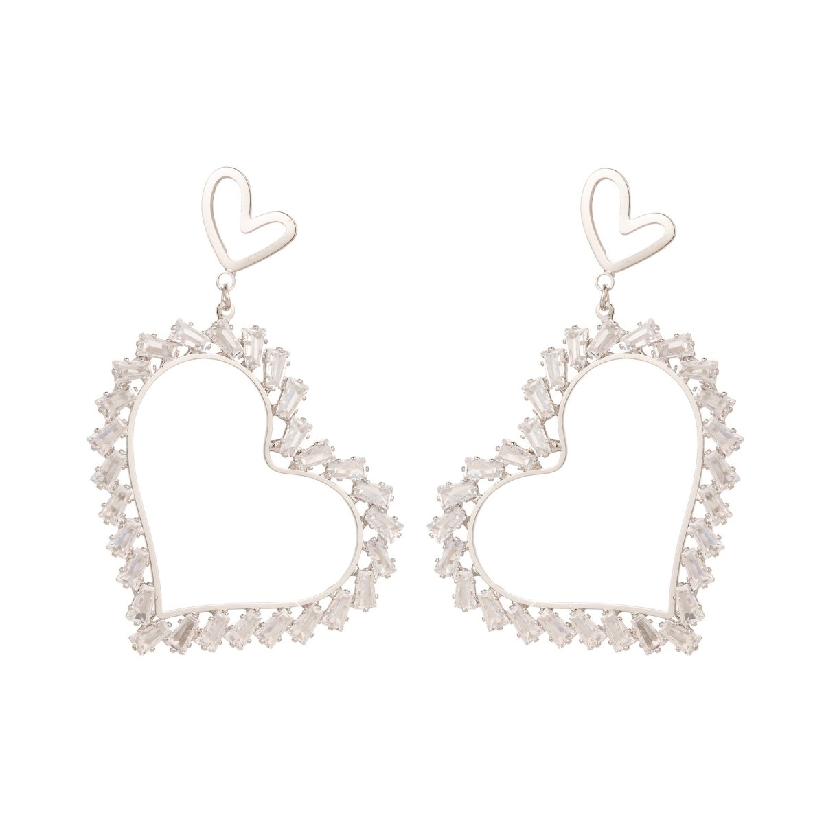 Double Heart CZ Bauguette Heart Drop Earrings | Earrings - 611 - DLUXCA
