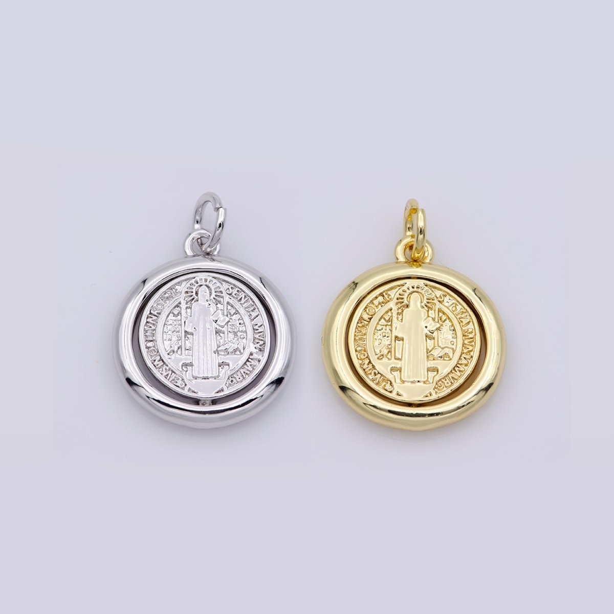 Double Sided Dainty Gold Filled Saint Benedict Charm Pray for You Spinner Pendant for Religious Jewelry Making Inspired M487 - DLUXCA