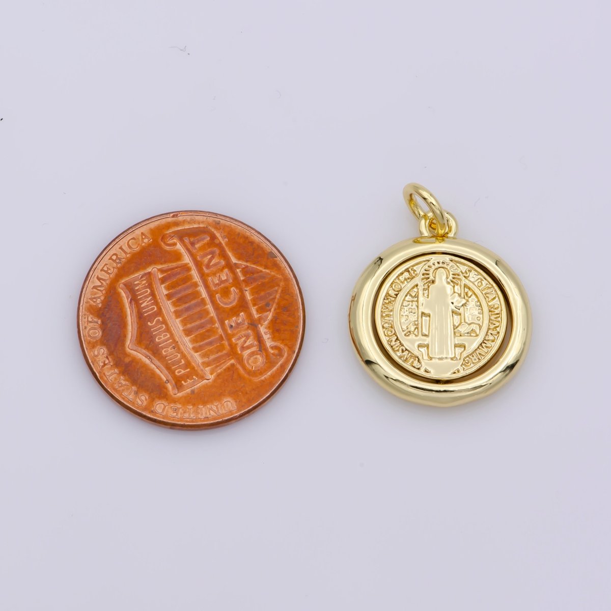 Double Sided Dainty Gold Filled Saint Benedict Charm Pray for You Spinner Pendant for Religious Jewelry Making Inspired M487 - DLUXCA