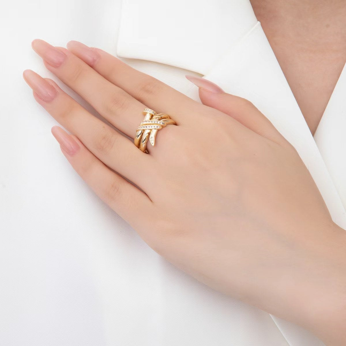 18K Gold Filled Micro Paved CZ Nail Multiple Band Ring | O442