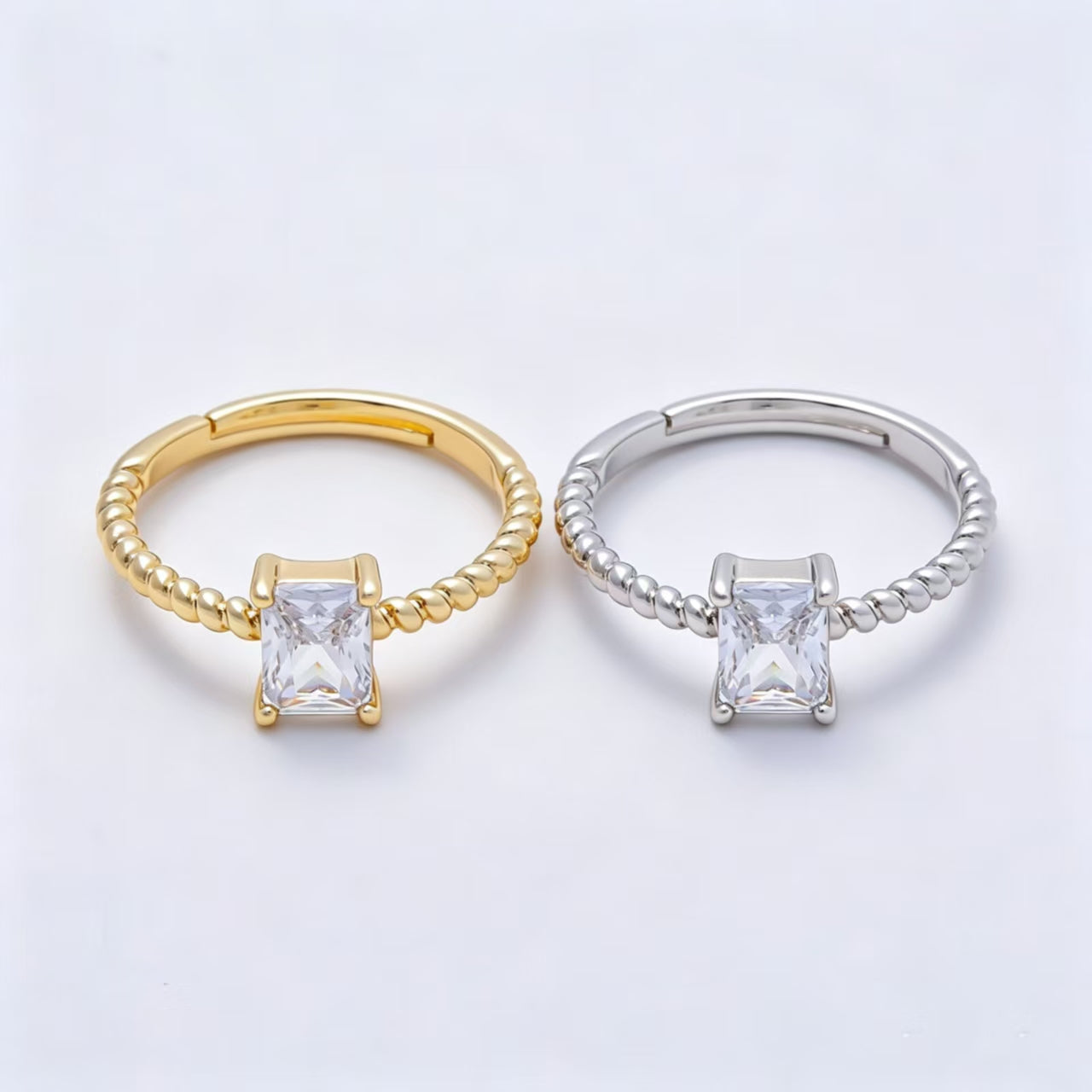 16K Gold Filled Clear Baguette CZ Croissant Adjustable Ring in Gold & Silver | Rings-00143 Rings-00144