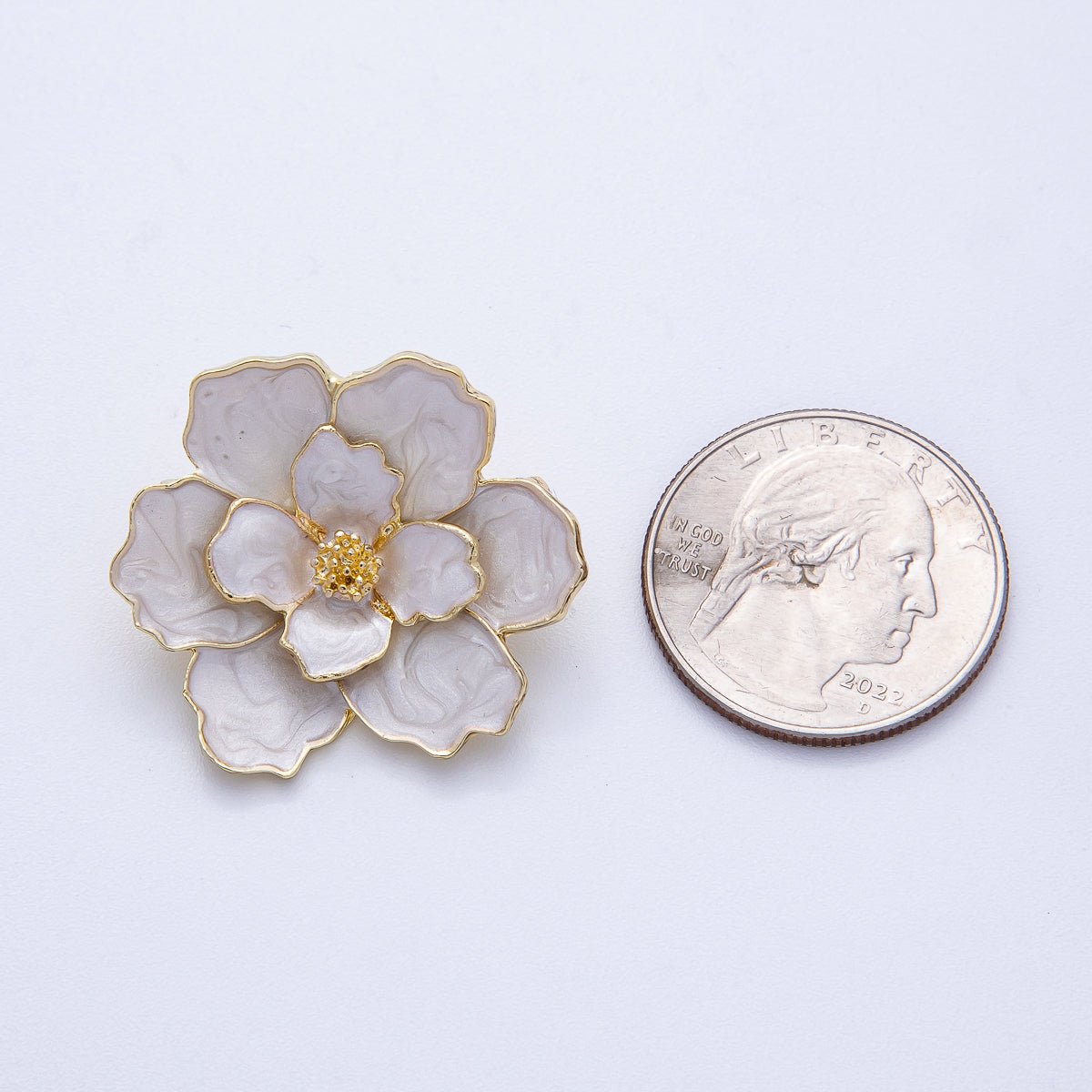 Gold 25.3mm x 31mm White Glitter Enamel Flower Pin Brooch | BH - 119 - DLUXCA