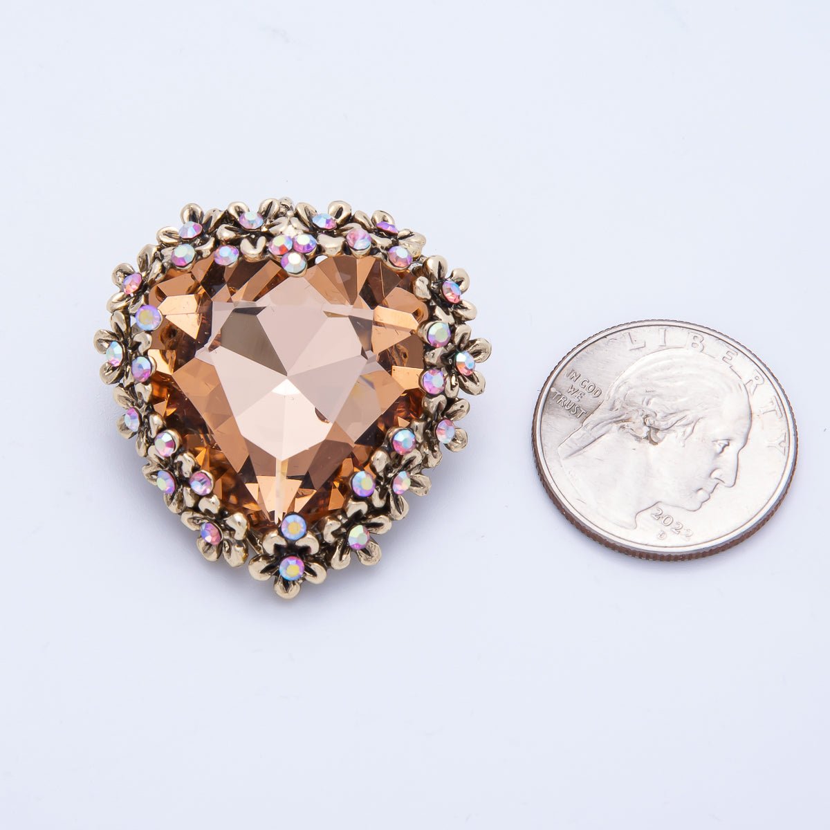 Gold 37mm x 36mm Orange Rhinestone Heart Pin Brooch | BH - 067 - DLUXCA
