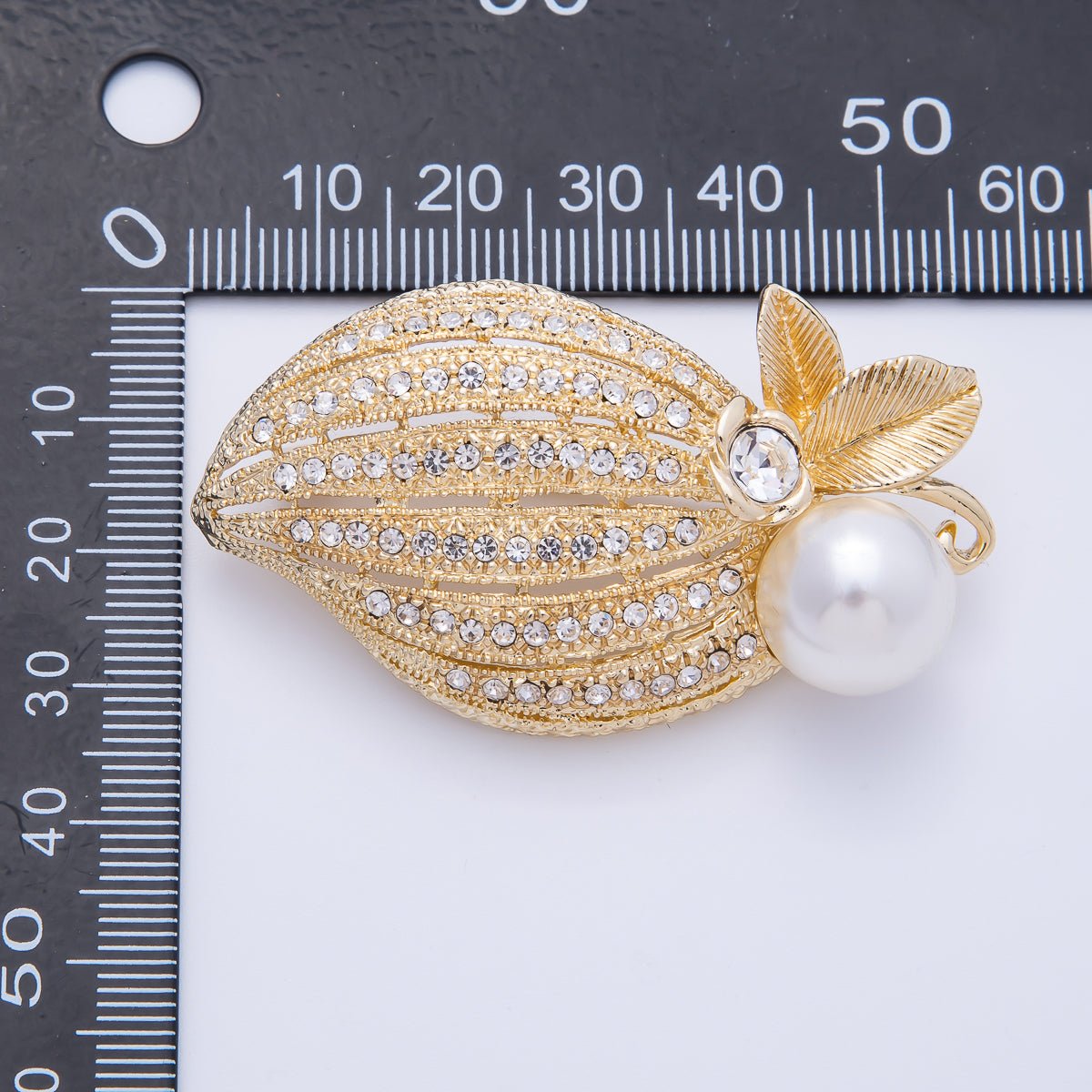 Gold 55.5mm x 32mm Acrylic Pearl Leaf Flower Nature Pin Brooch | BH - 031 - DLUXCA