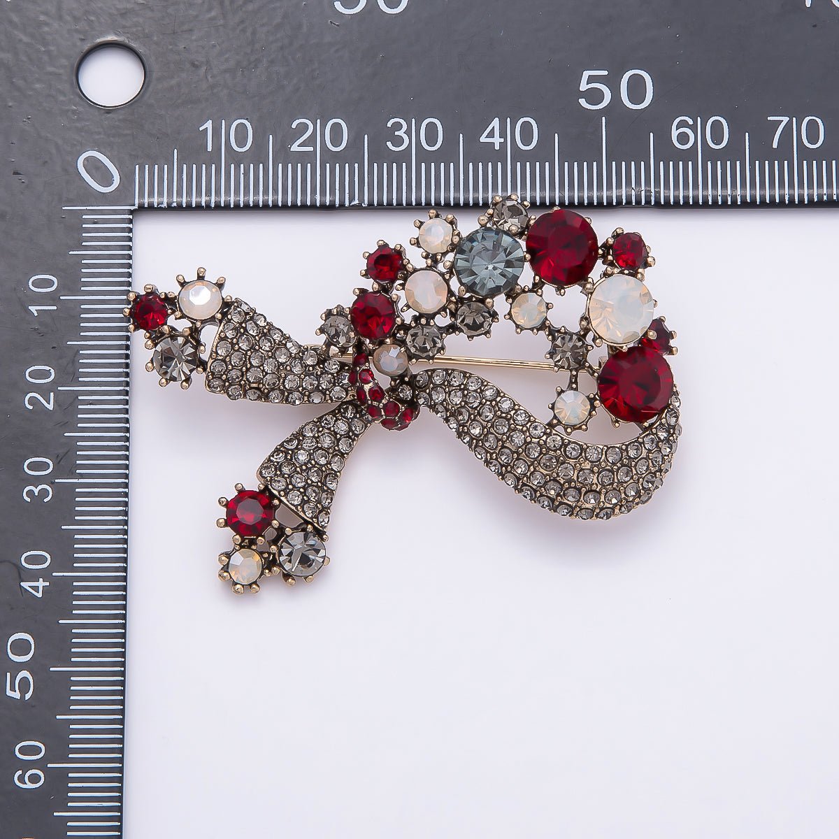 Gold 57mm x 35mm Multicolor Rhinestone Bow Ribbon Pin Brooch | BH - 124 - DLUXCA