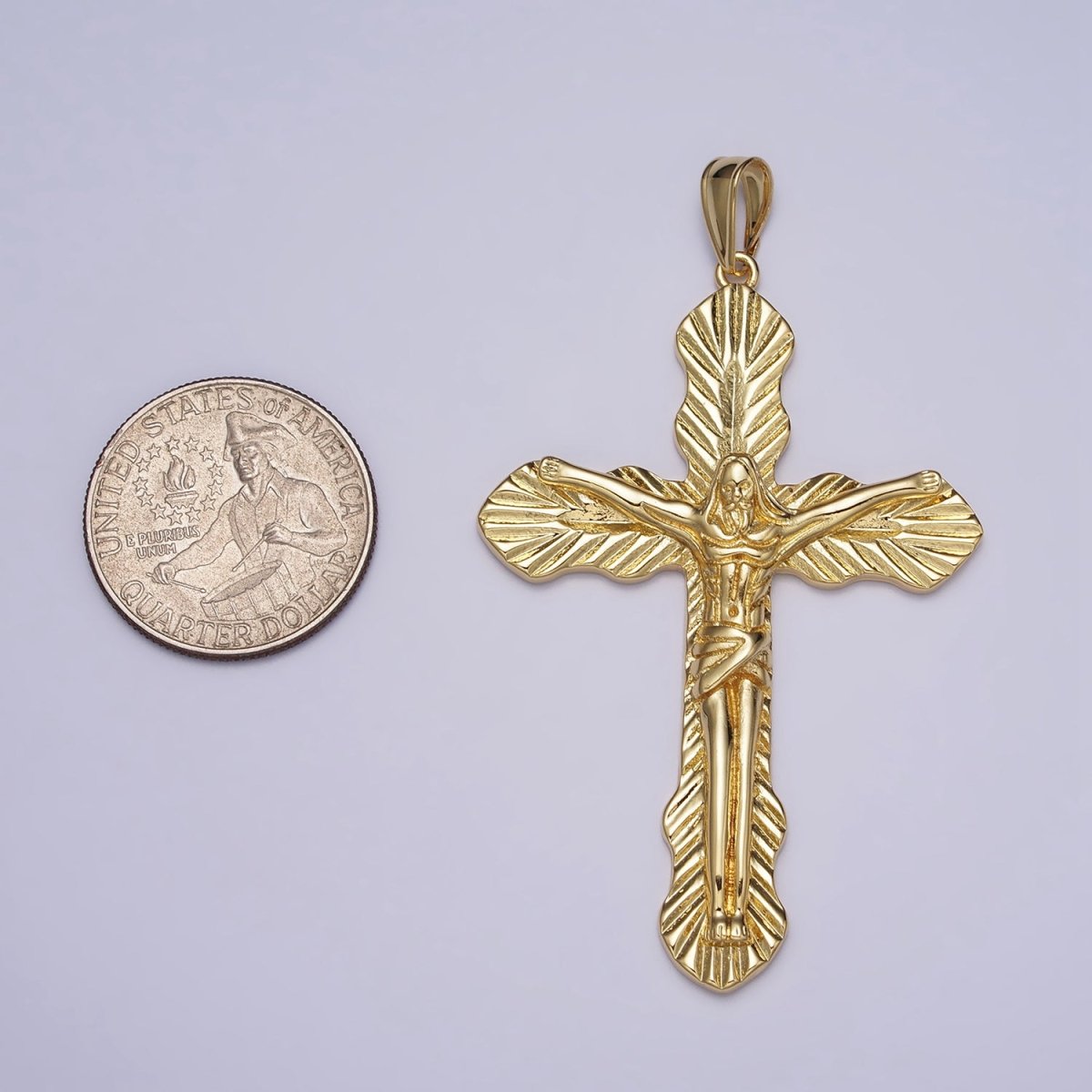 Gold 70mm Crucifix Leaf Textured Fleur Passion Cross Religious Pendant | AA084 - DLUXCA