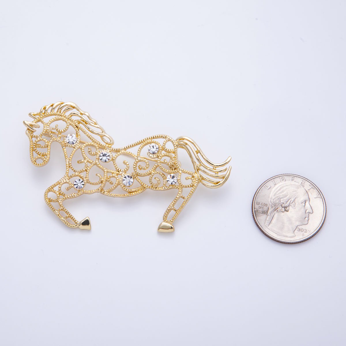 Gold 70mm x 42mm Clear CZ Horse Animal Pin Brooch | BH - 021 - DLUXCA