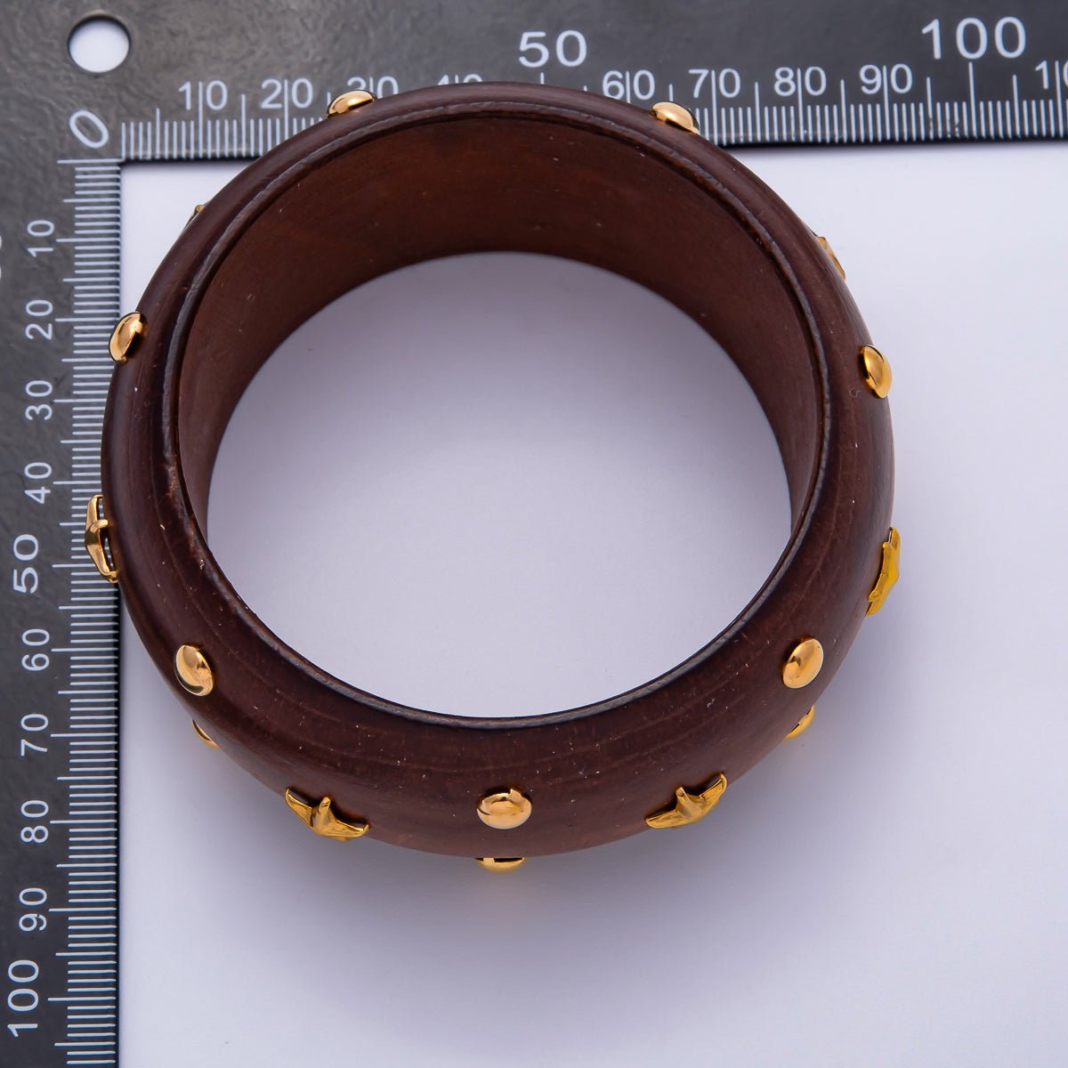 Gold Dotted Studded Round Celestial Star Wood Wide Bangle Bracelet in Brown, Light Brown, Black | WA - 04293 ~ WA - 04295 - DLUXCA