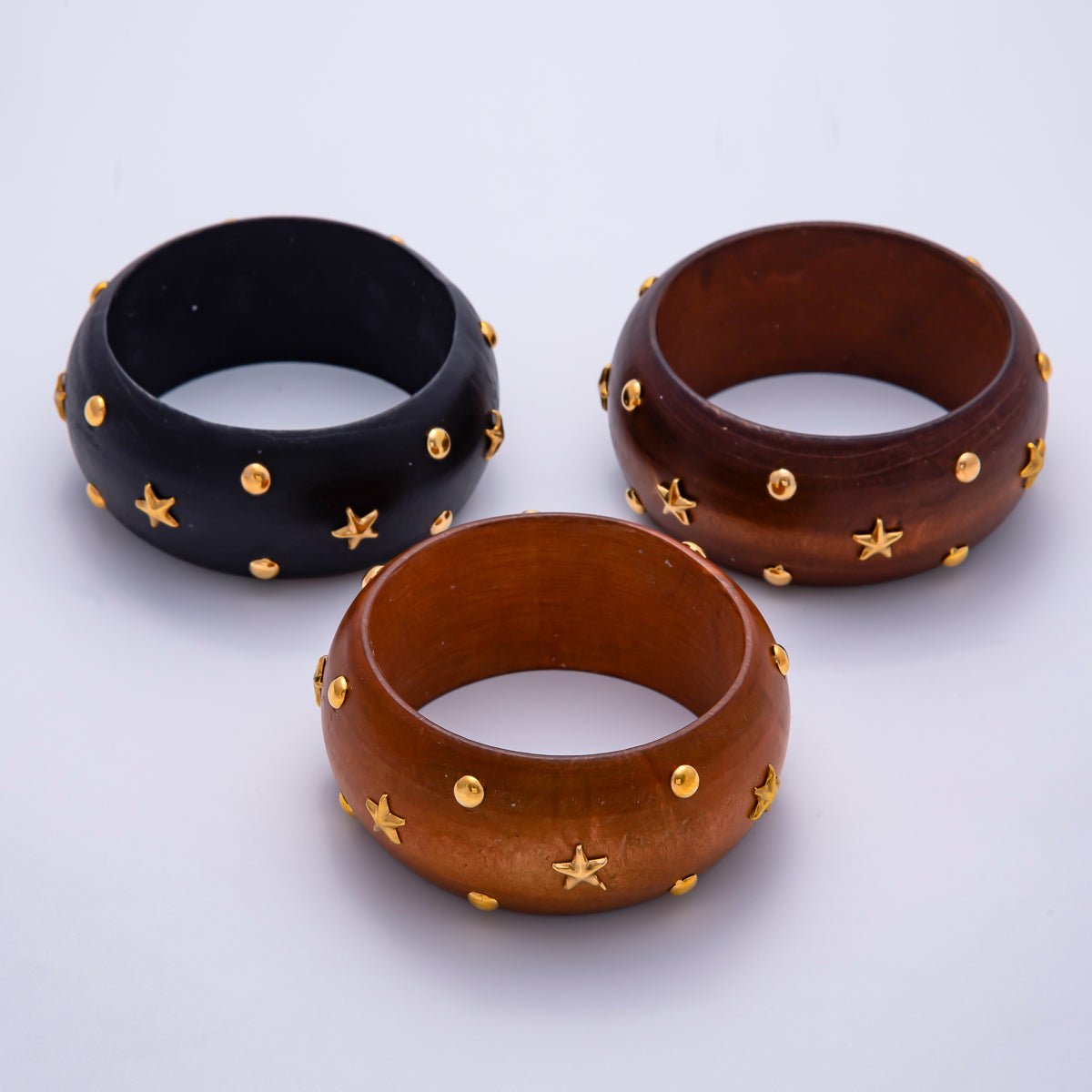 Gold Dotted Studded Round Celestial Star Wood Wide Bangle Bracelet in Brown, Light Brown, Black | WA - 04293 ~ WA - 04295 - DLUXCA