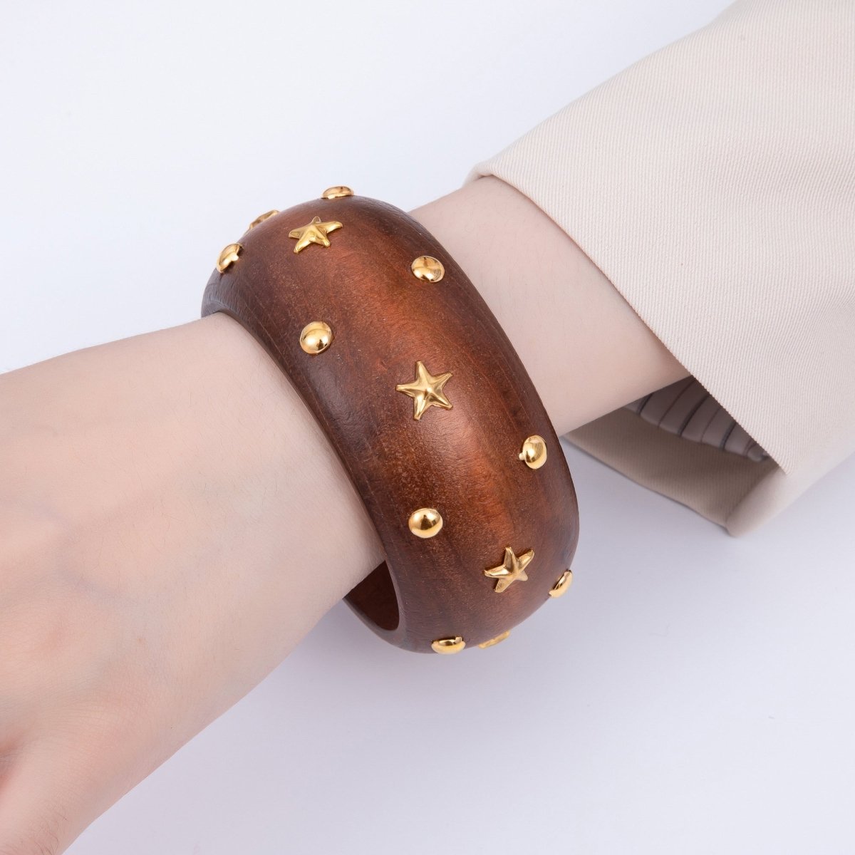 Gold Dotted Studded Round Celestial Star Wood Wide Bangle Bracelet in Brown, Light Brown, Black | WA - 04293 ~ WA - 04295 - DLUXCA