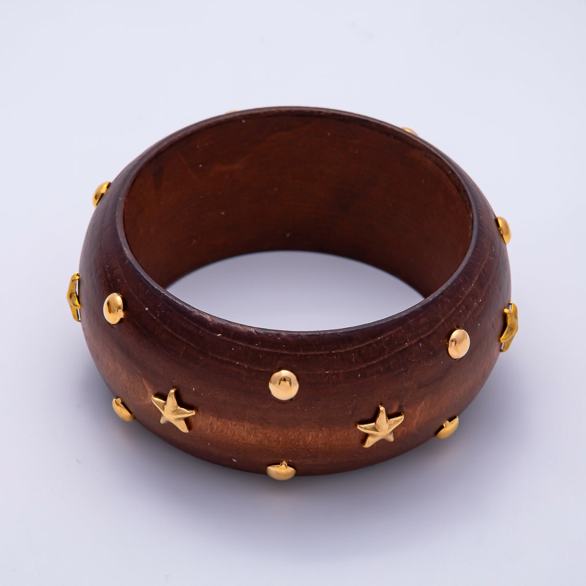 Gold Dotted Studded Round Celestial Star Wood Wide Bangle Bracelet in Brown, Light Brown, Black | WA - 04293 ~ WA - 04295 - DLUXCA