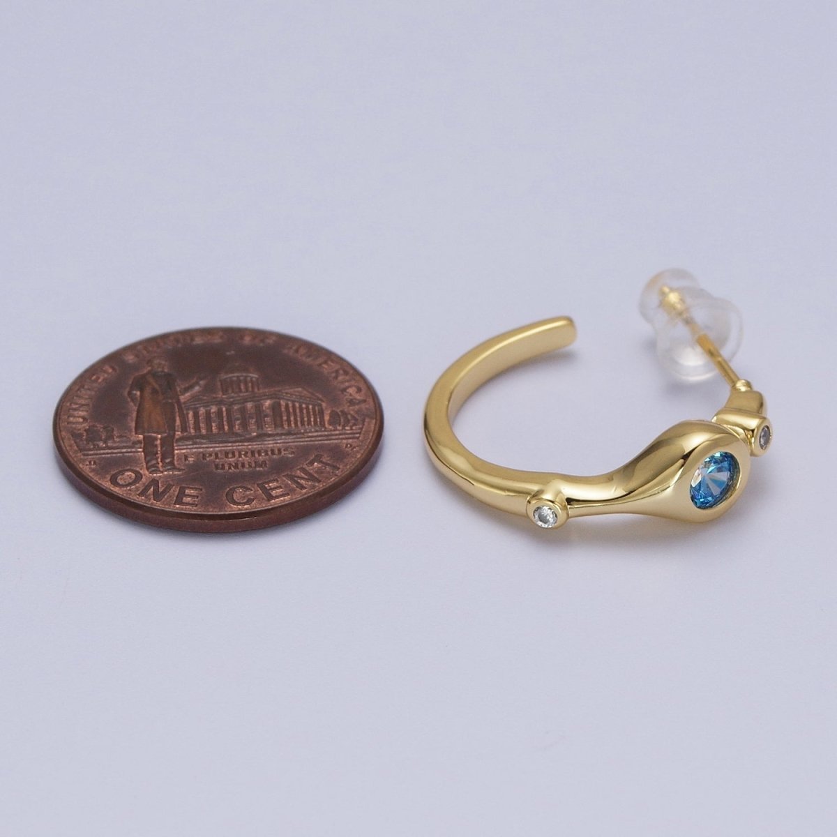 Gold Geometric Blue CZ Round Mini 20mm C-Shaped Hoops Earrings | AD199 - DLUXCA