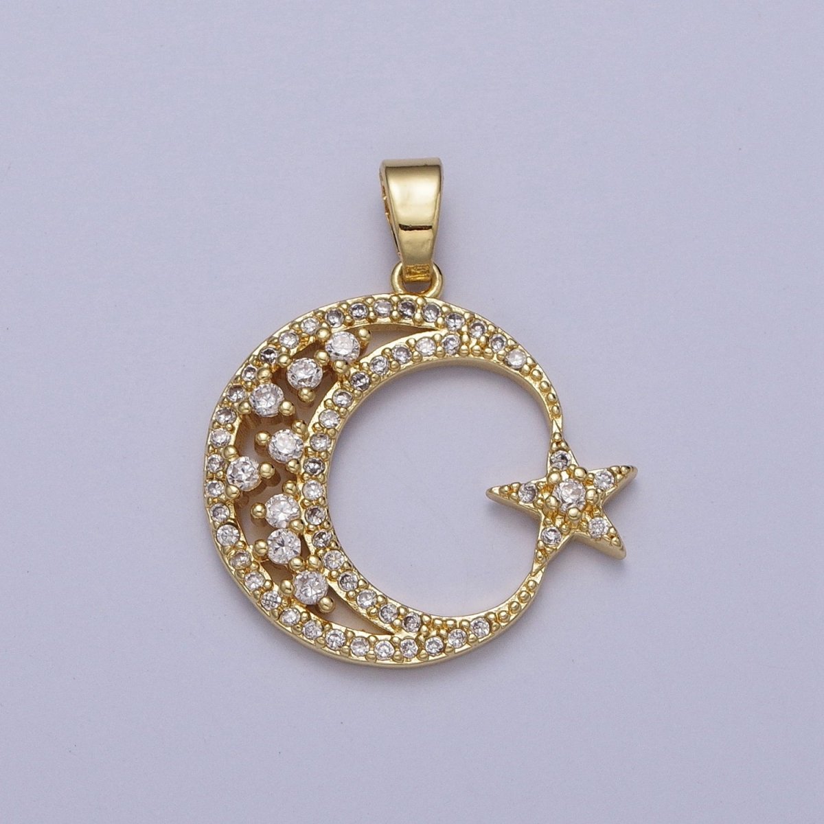 Gold Micro Paved CZ Celestial Crescent Moon Star Pendant H - 834 - DLUXCA