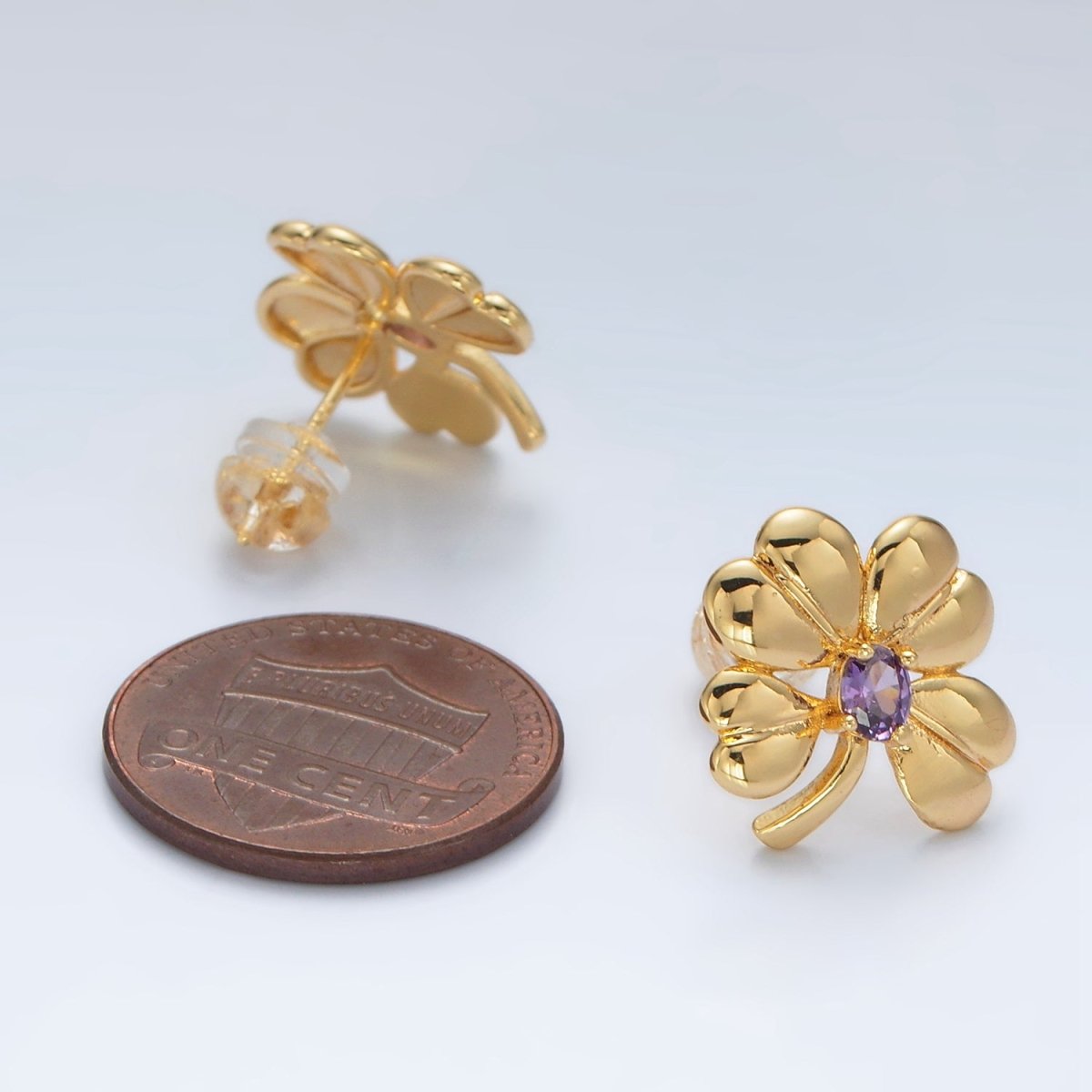 Gold Paved CZ Purple Heart Flower Love Stud Earrings | AD620 - DLUXCA