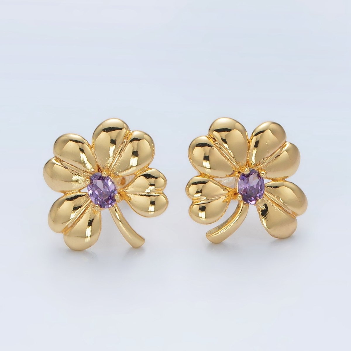 Gold Paved CZ Purple Heart Flower Love Stud Earrings | AD620 - DLUXCA