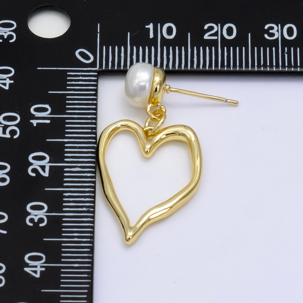 Gold Pearl Geometric Open Heart Minimalist Stud Earrings | AB - 062 - DLUXCA