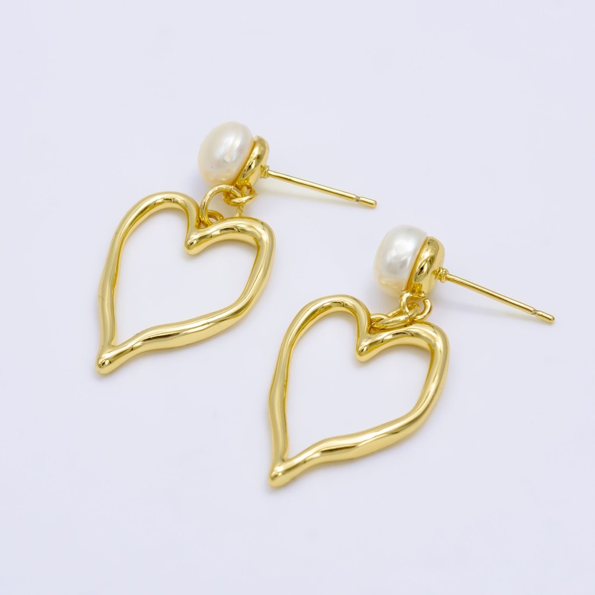 Gold Pearl Geometric Open Heart Minimalist Stud Earrings | AB - 062 - DLUXCA