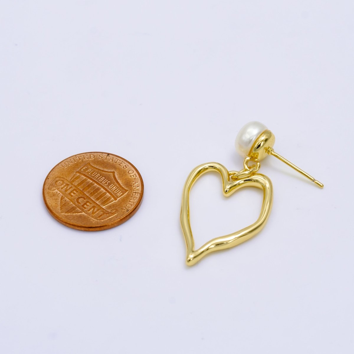 Gold Pearl Geometric Open Heart Minimalist Stud Earrings | AB - 062 - DLUXCA