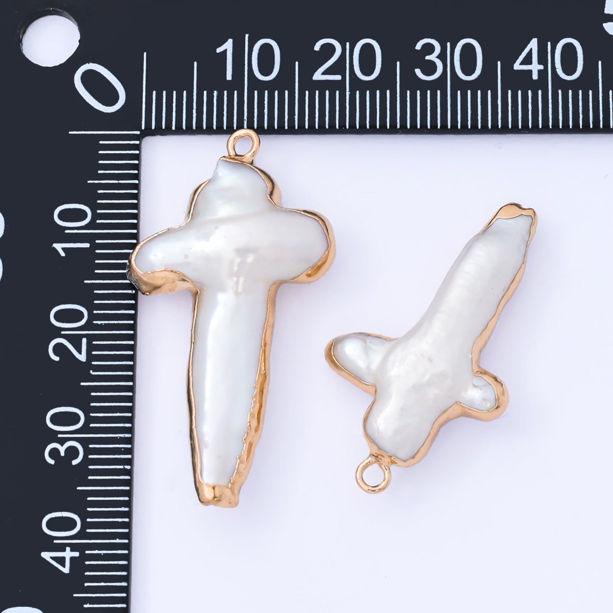 Gold Plated 31mm Baroque White Freshwater Pearl Religious Christian Cross Drop Charm | AF572 - DLUXCA