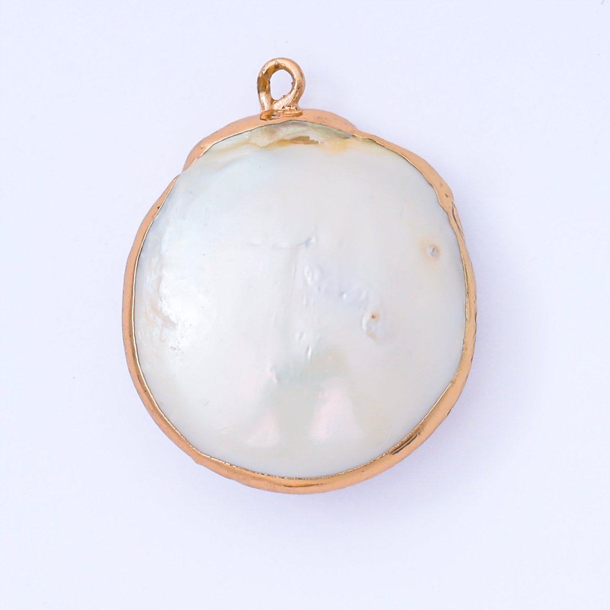 Gold Plated 33mm Baroque White Freshwater Pearl Chunky Circle Round Drop Charm | AF571 - DLUXCA