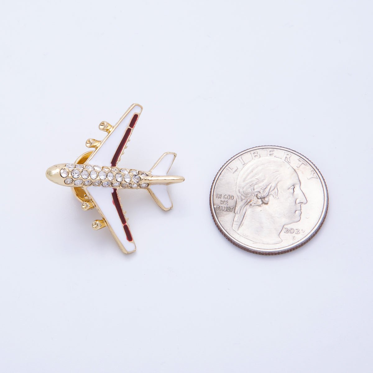 Gold Rhinestone White Enamel Airplane Travel Pin Brooch | BH - 051 - DLUXCA
