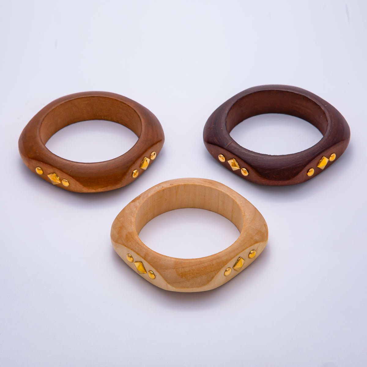 Gold Rhombus Round Dotted Studded Wood Square Bangle Bracelet | WA - 04323 ~ WA - 04325 - DLUXCA