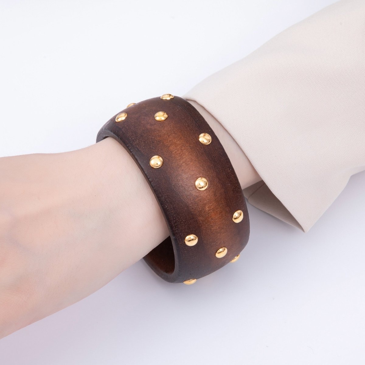 Gold Round Dotted Studded Brown Wood Wide Bangle Bracelet | WA - 04296 - DLUXCA