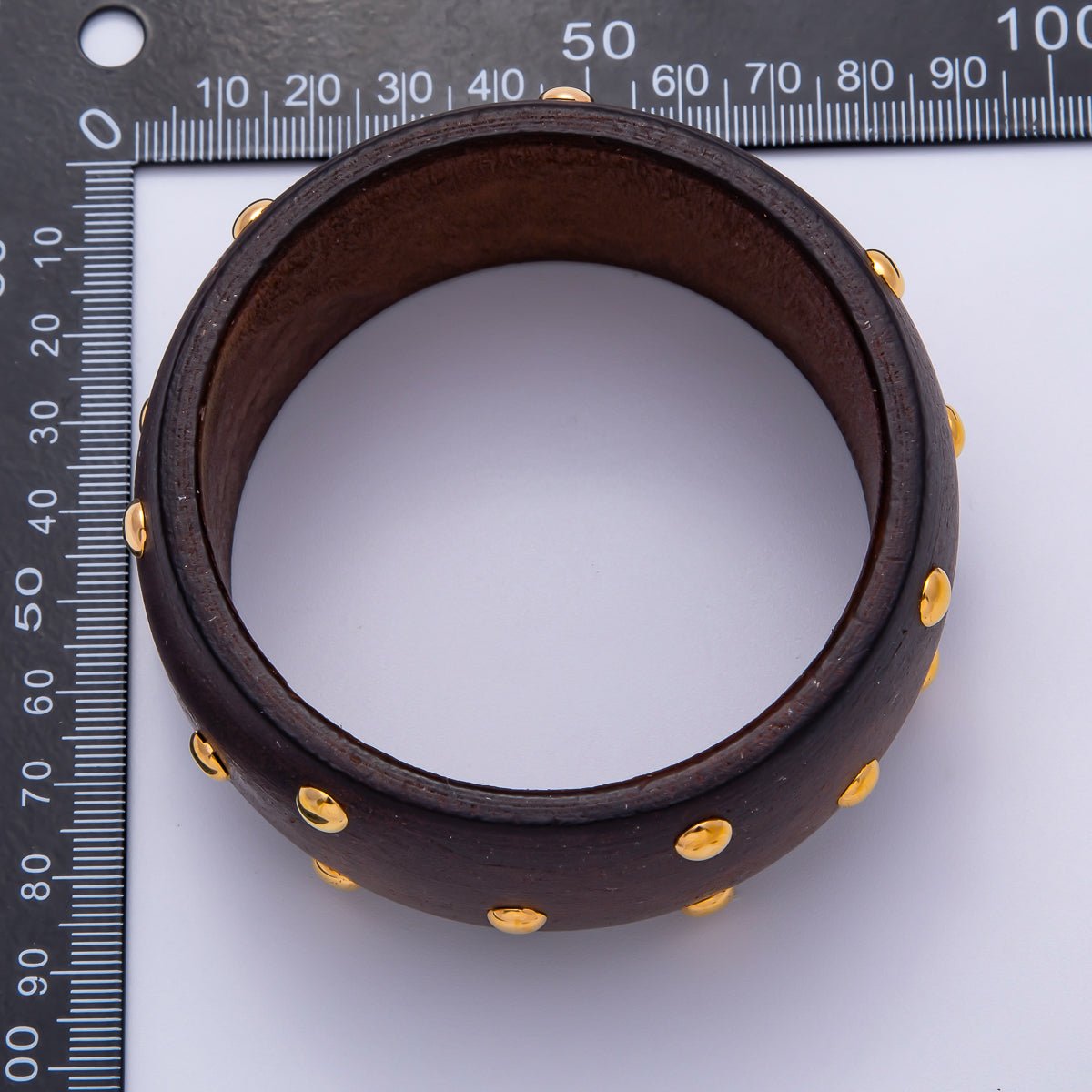 Gold Round Dotted Studded Brown Wood Wide Bangle Bracelet | WA - 04296 - DLUXCA