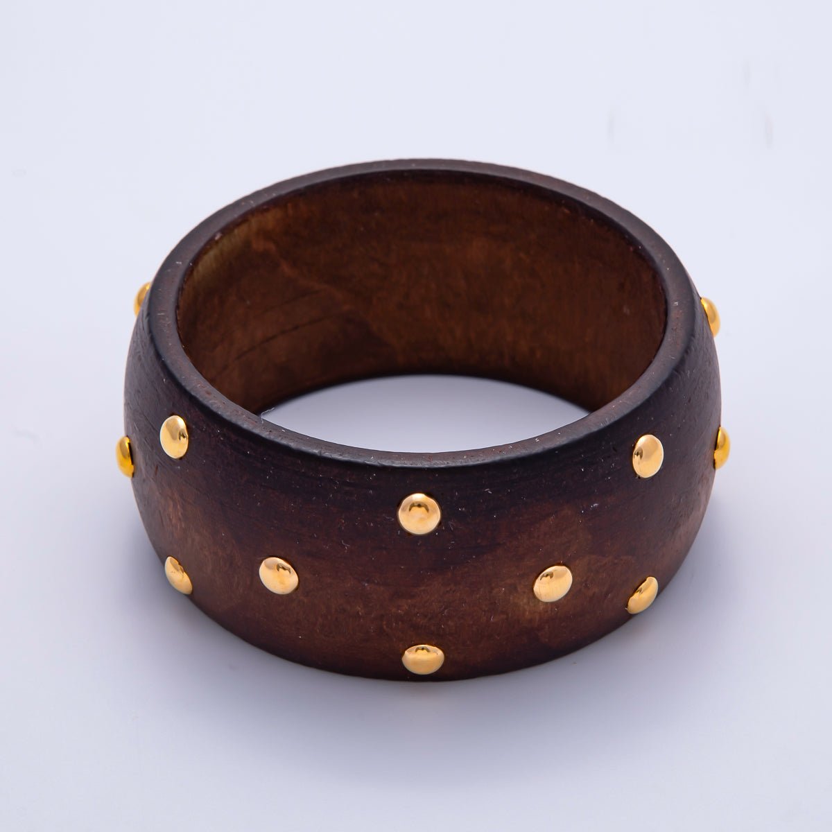 Gold Round Dotted Studded Brown Wood Wide Bangle Bracelet | WA - 04296 - DLUXCA