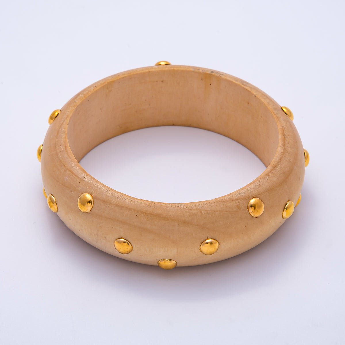 Gold Round Dotted Studded Light Brown Wood Bangle Bracelet | WA - 04328 - DLUXCA