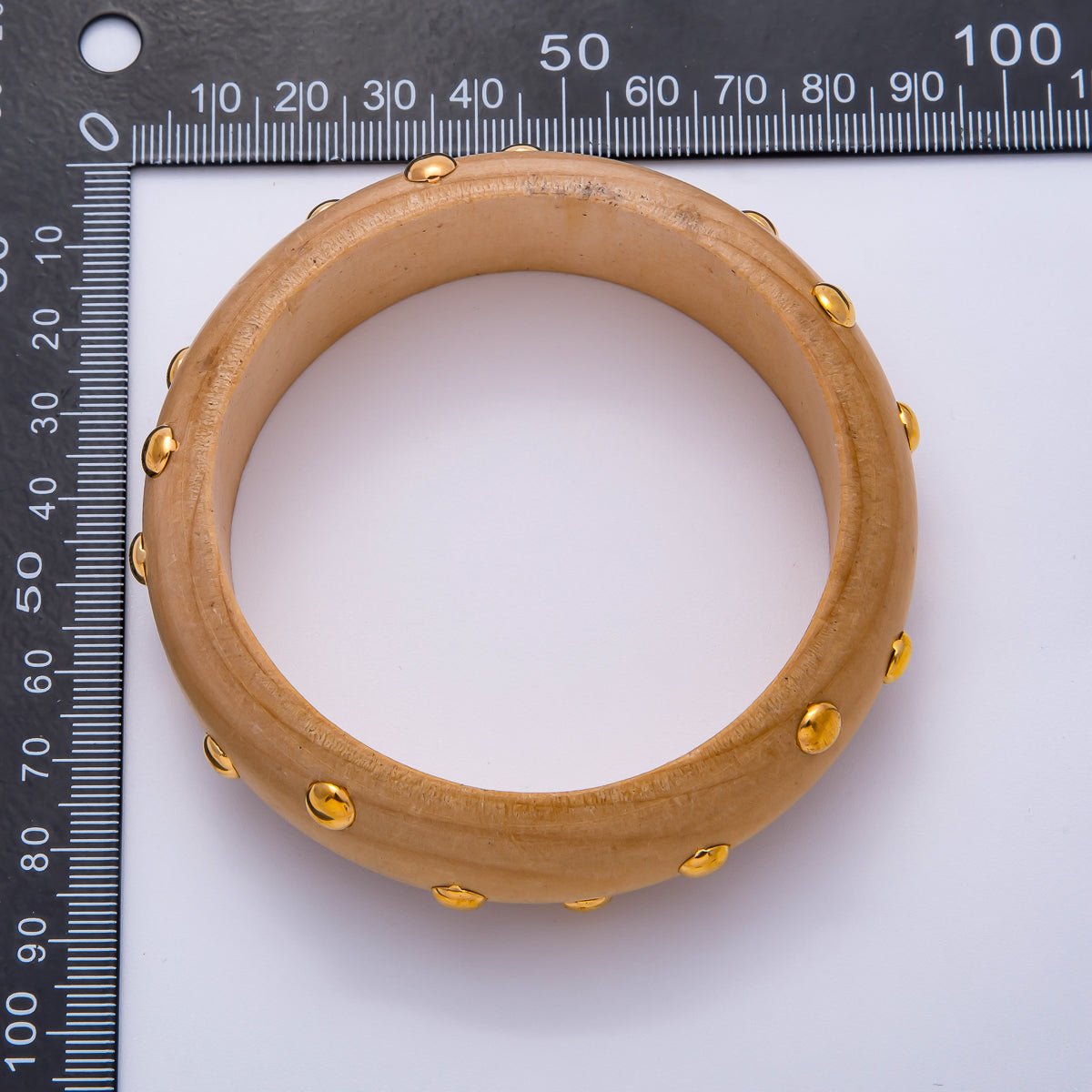 Gold Round Dotted Studded Light Brown Wood Bangle Bracelet | WA - 04328 - DLUXCA