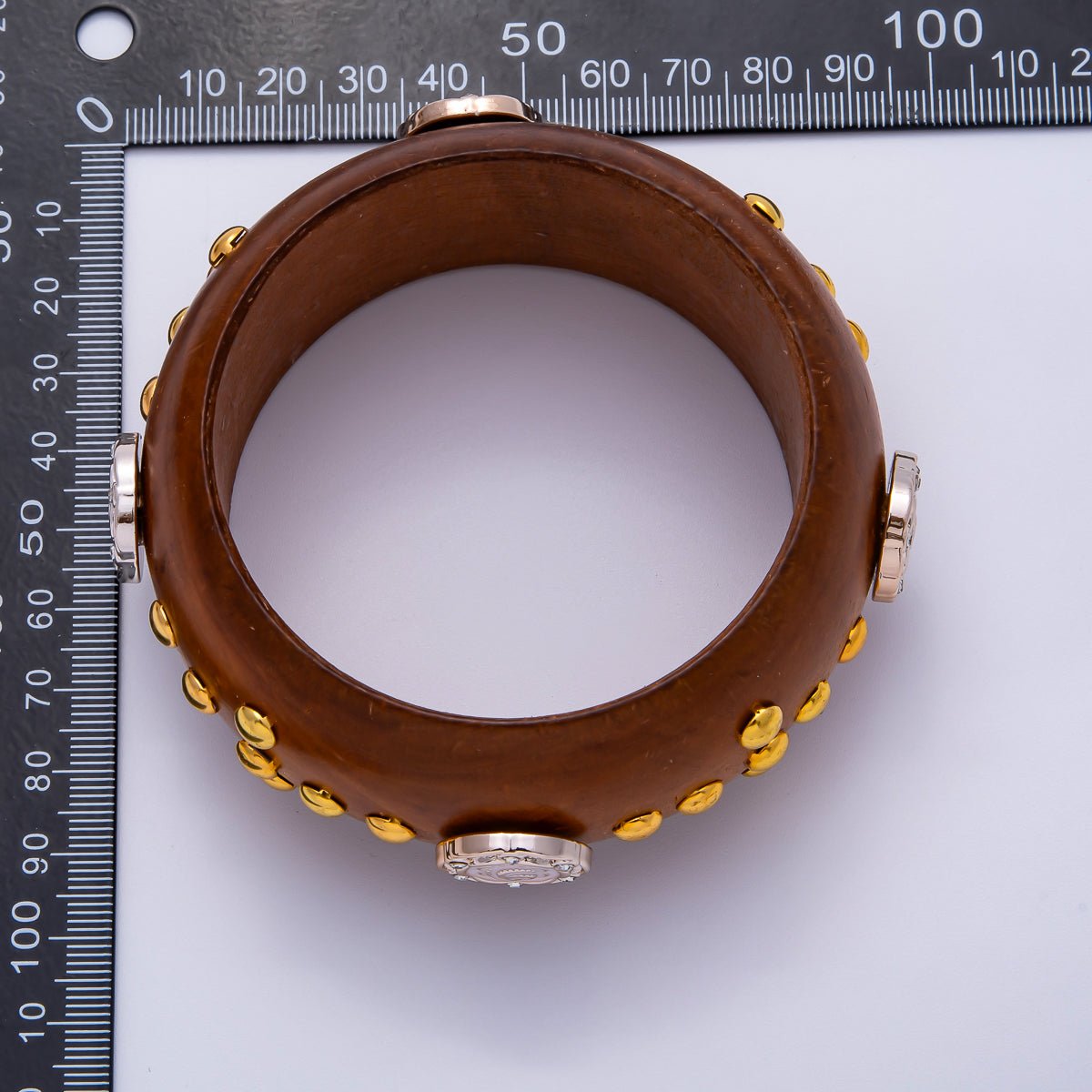 Gold Round Dotted Studded Rose Flower Cross Wood Bangle Bracelet | WA - 04326 WA - 04327 - DLUXCA