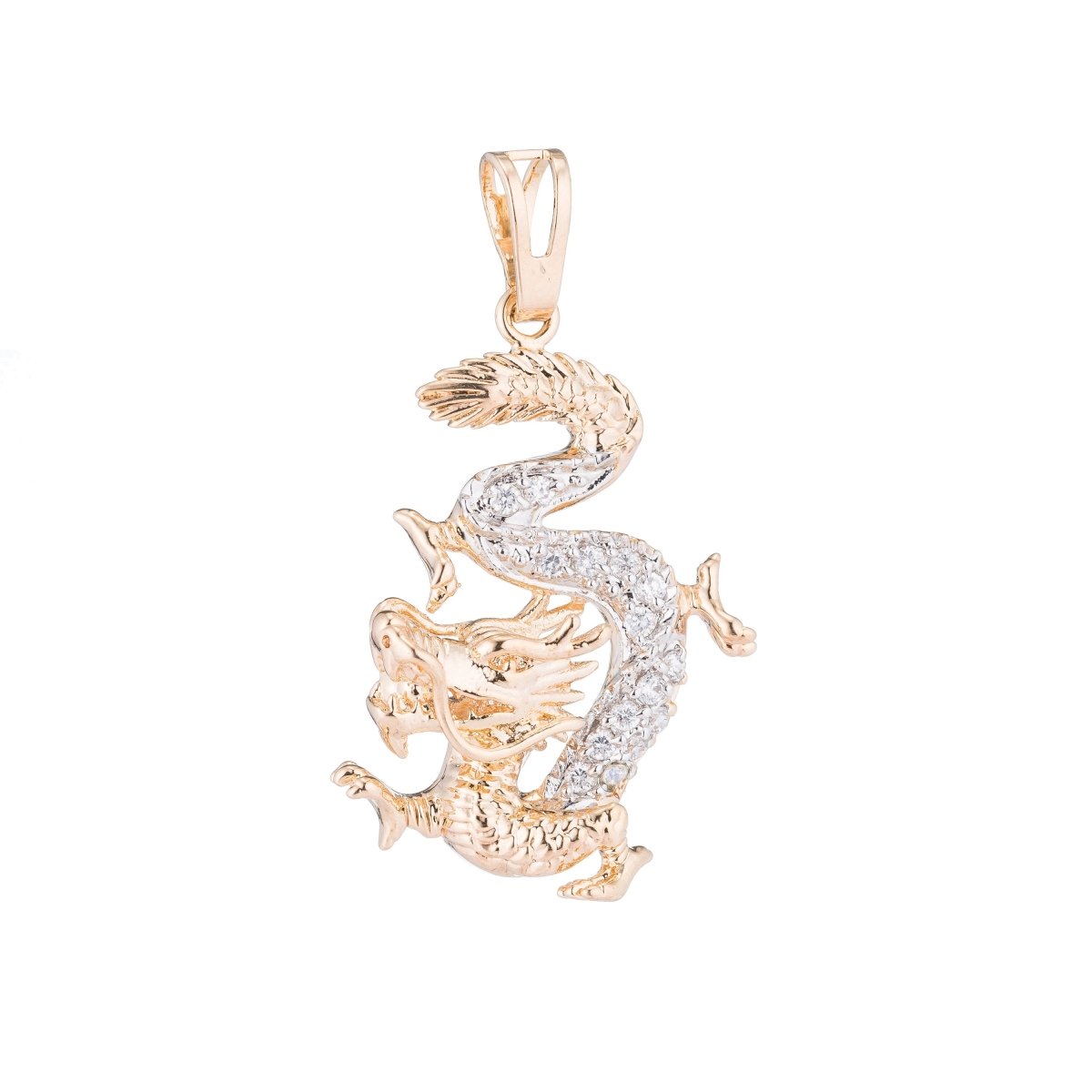 Gold Royal Dragon, Majestic, Animal, Earth, Chinese Legend, Cubic Zirconia Layering Necklace Pendant Charm Bead Bails for Jewelry Making H - 702 - DLUXCA