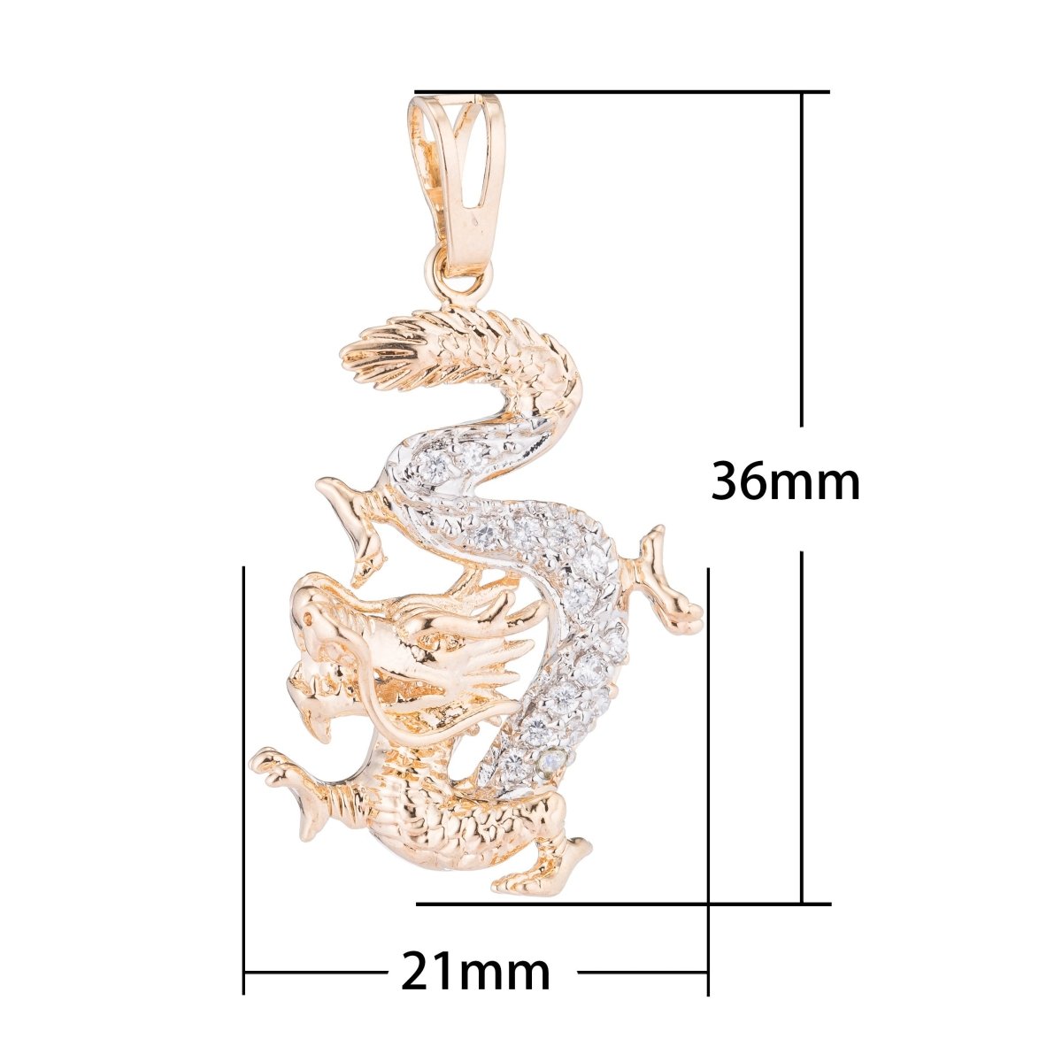 Gold Royal Dragon, Majestic, Animal, Earth, Chinese Legend, Cubic Zirconia Layering Necklace Pendant Charm Bead Bails for Jewelry Making H - 702 - DLUXCA