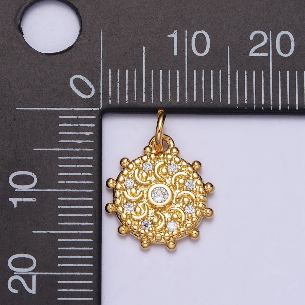 Gold, Silver Clear CZ Celestial Crescent Moon Textured Dotted Outline Round Charm | AC973 AC1009 - DLUXCA