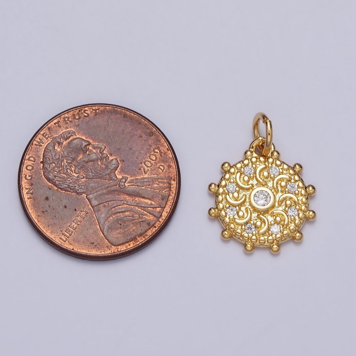 Gold, Silver Clear CZ Celestial Crescent Moon Textured Dotted Outline Round Charm | AC973 AC1009 - DLUXCA